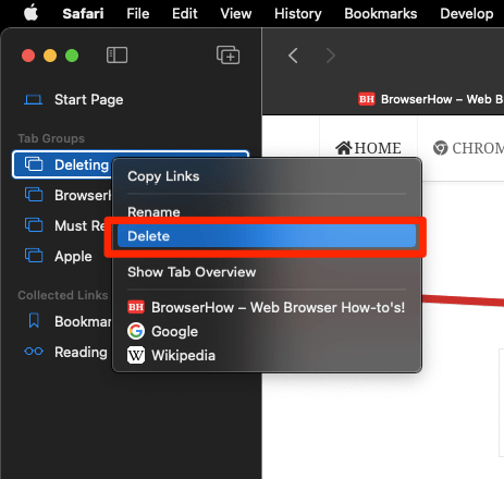 Delete the Tab Group from Safari Sidebar Panel in Mac