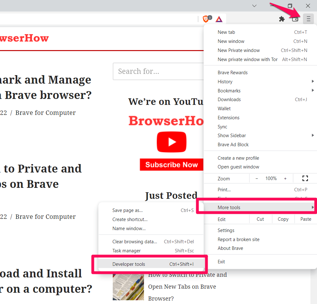 Developer Tools menu in More tools on Brave Computer browser