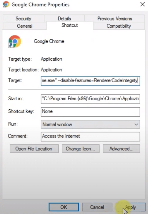 Disable Code Integrity in Chrome on Target Properties