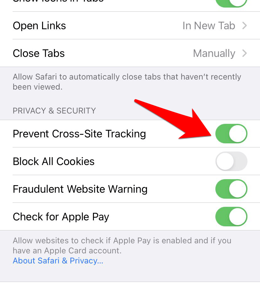 Disable Prevent Cross Site Tracking in Safari iPhone