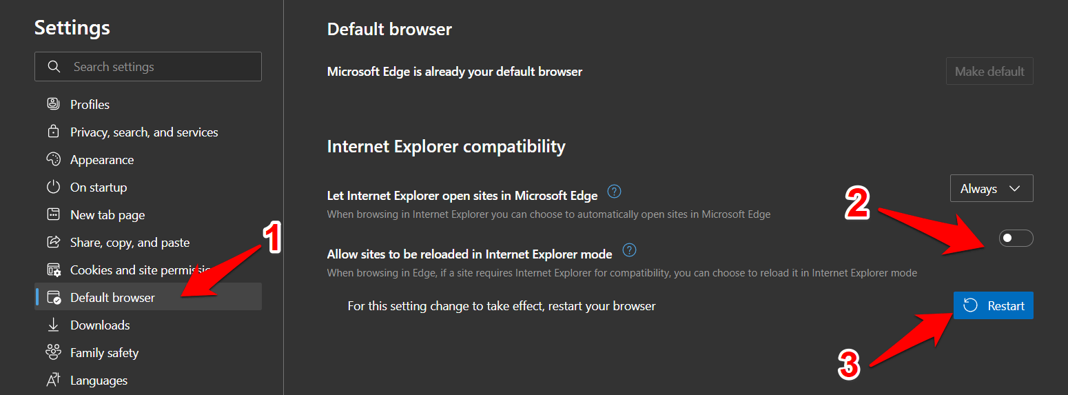 Disable Sites to be Reloaded in Internet Explorer Mode toggle