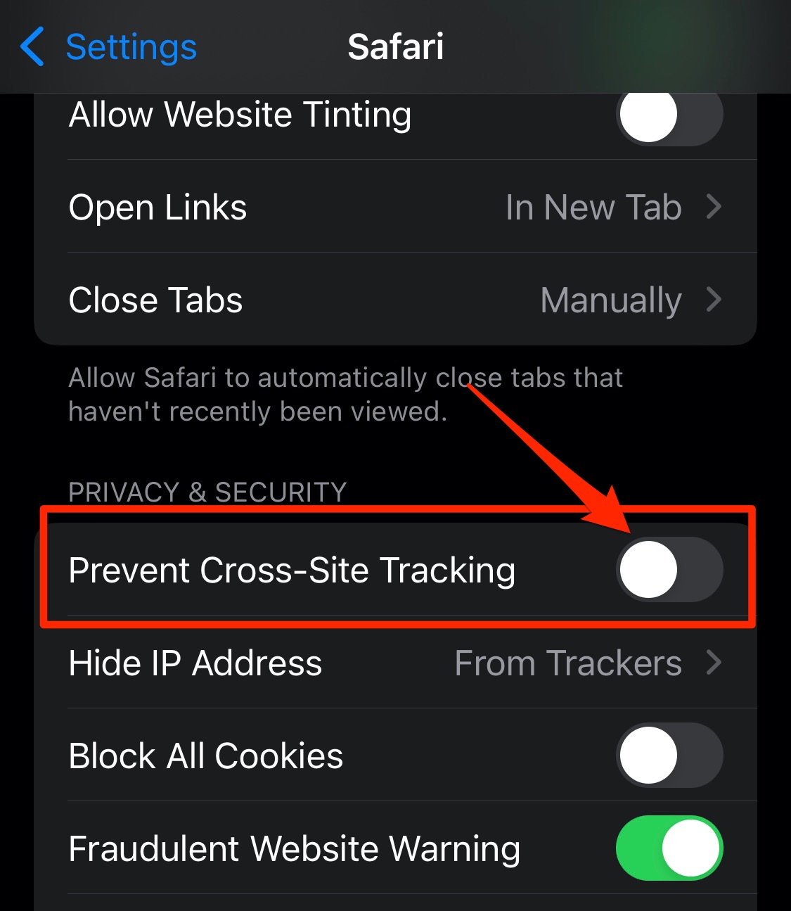 Disable Prevent Cross Site Tracking in Safari iPhone Settings