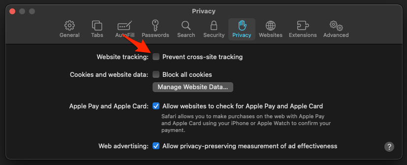 Disable Prevent cross-site tracking feature from Safari Privacy Preferences window