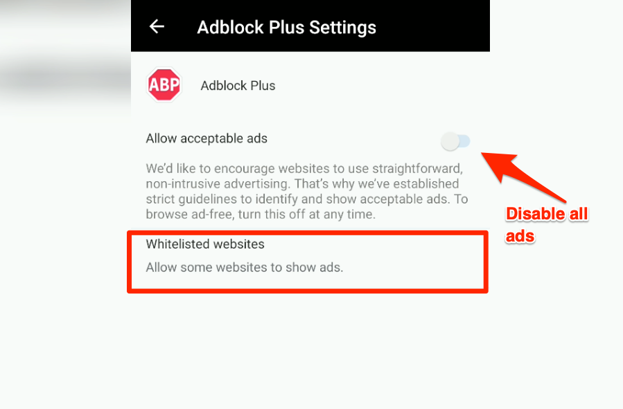 Disable acceptable ads and whitelisted websites in Edge Android