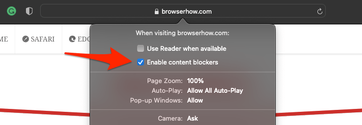 Disable the content blockers checkbox for website in Safari Mac