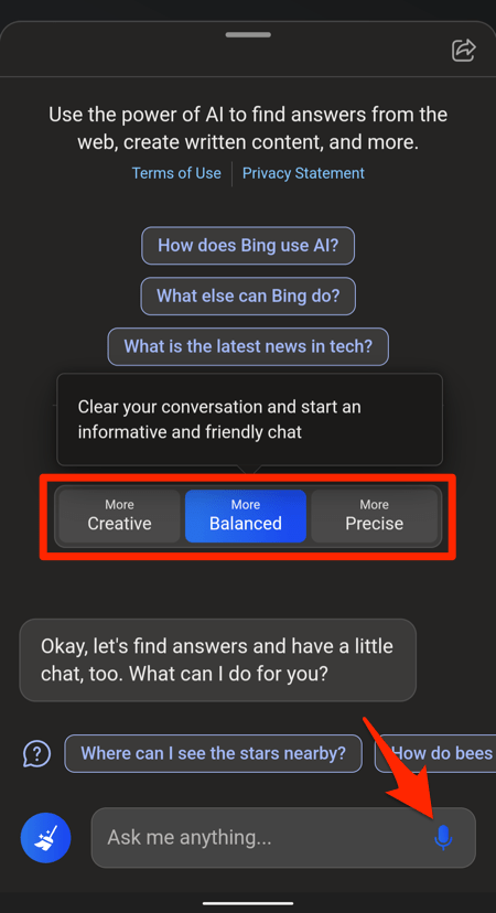 Discover Chat Window on the Edge Mobile browser with different tone options