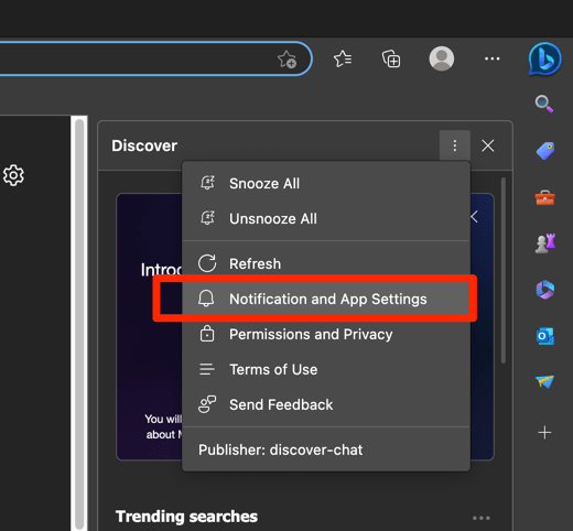 Discover Sidebar Chat window Notifications and App settings option