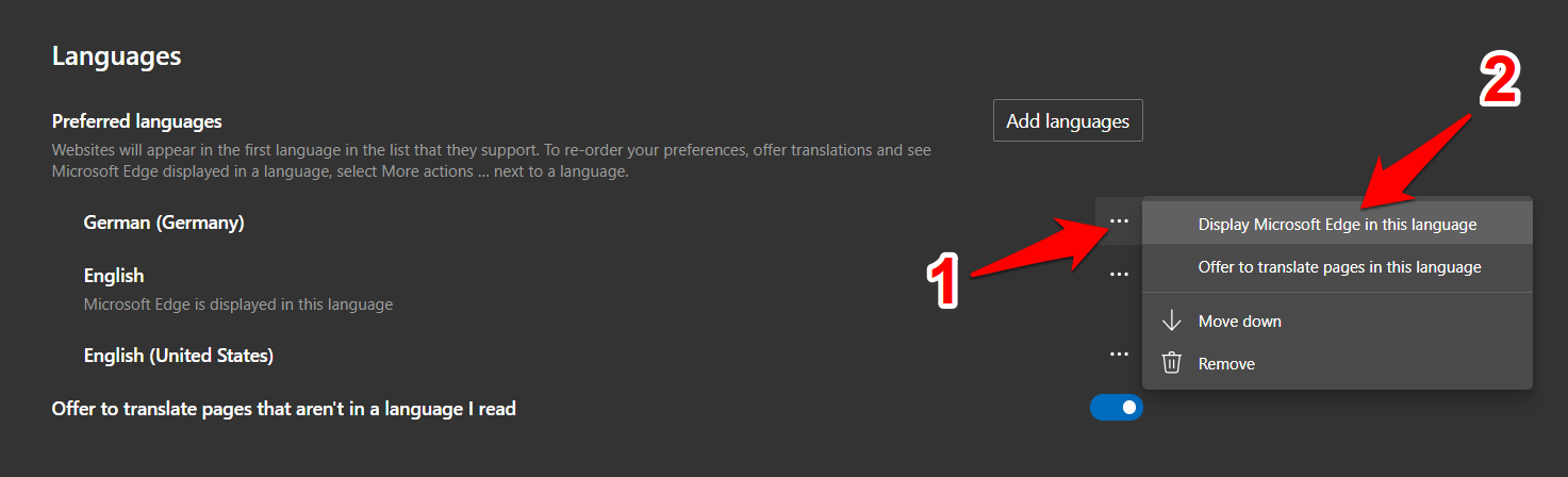 Display Microsoft Edge in this language option