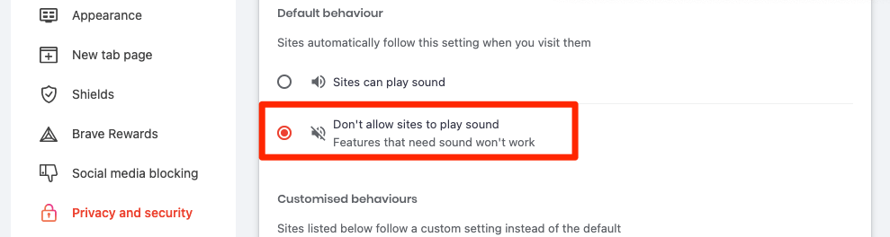 Do not allow sites to play sound on Brave computer