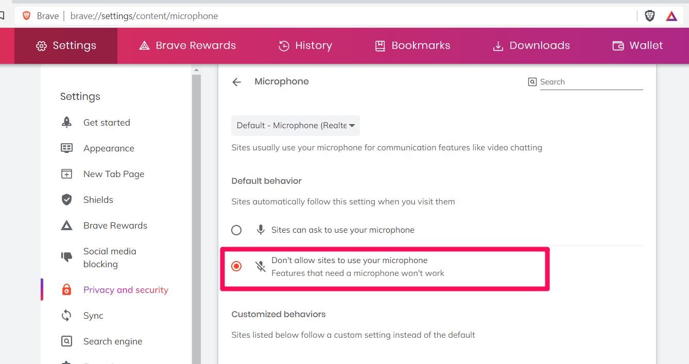 Do not allow the sites to use the Microphone on Brave computer