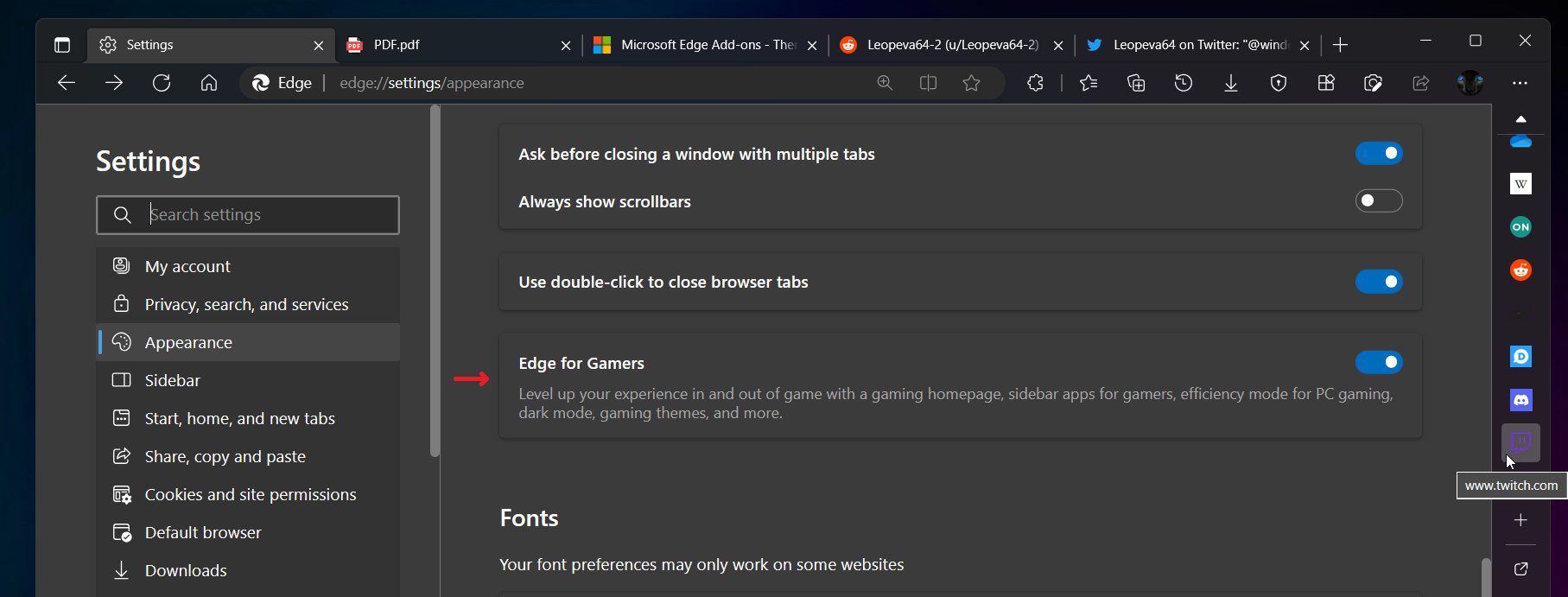 Edge for Gamers Mode option on Microsoft Edge computer