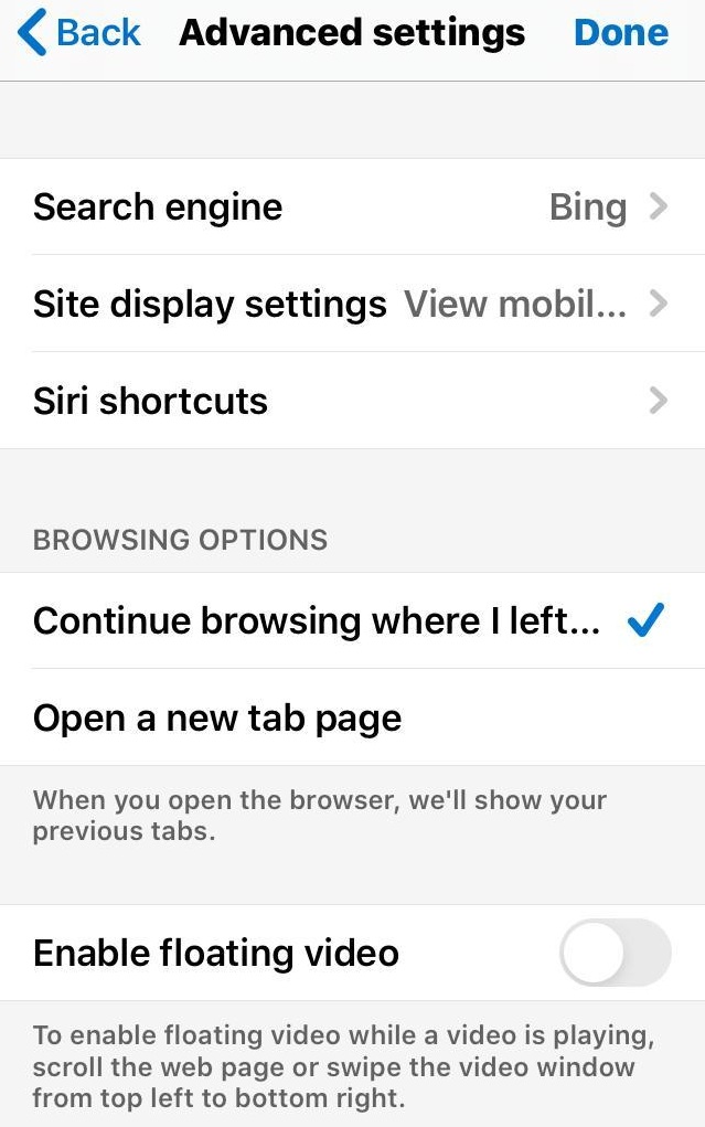 Edge iOS Advanced Settings and Browsing Options