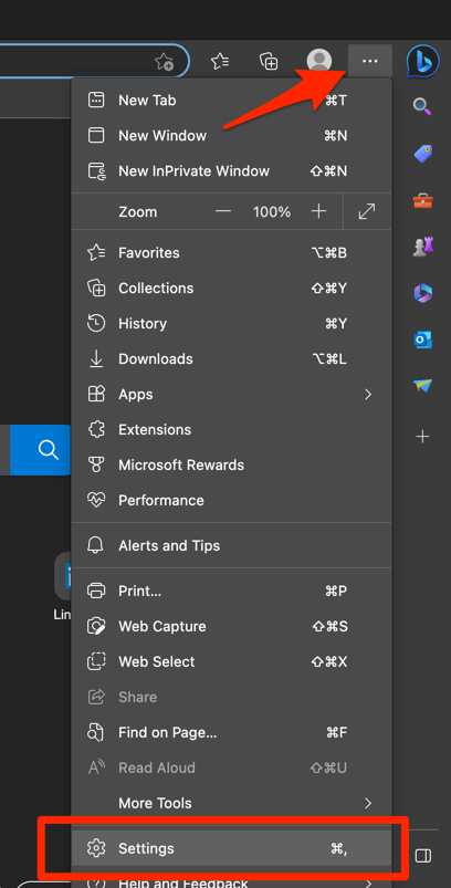 Edge computer browser Settings menu