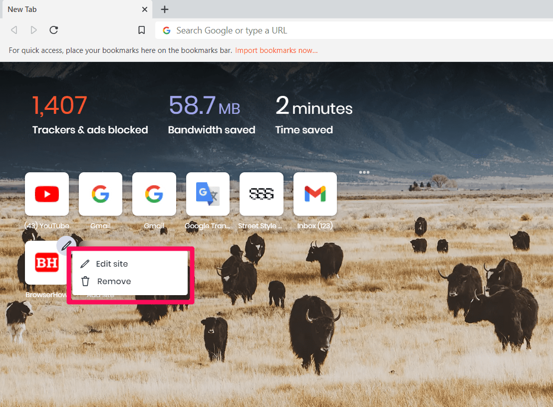 Edit and Remove Site option in Brave Browser Home Screen