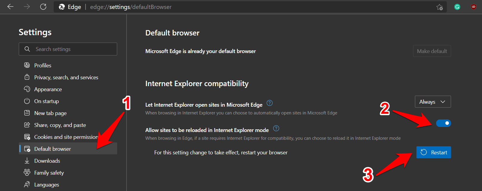 Enable Allow Sites to be Reloaded in Internet Explorer Mode toggle