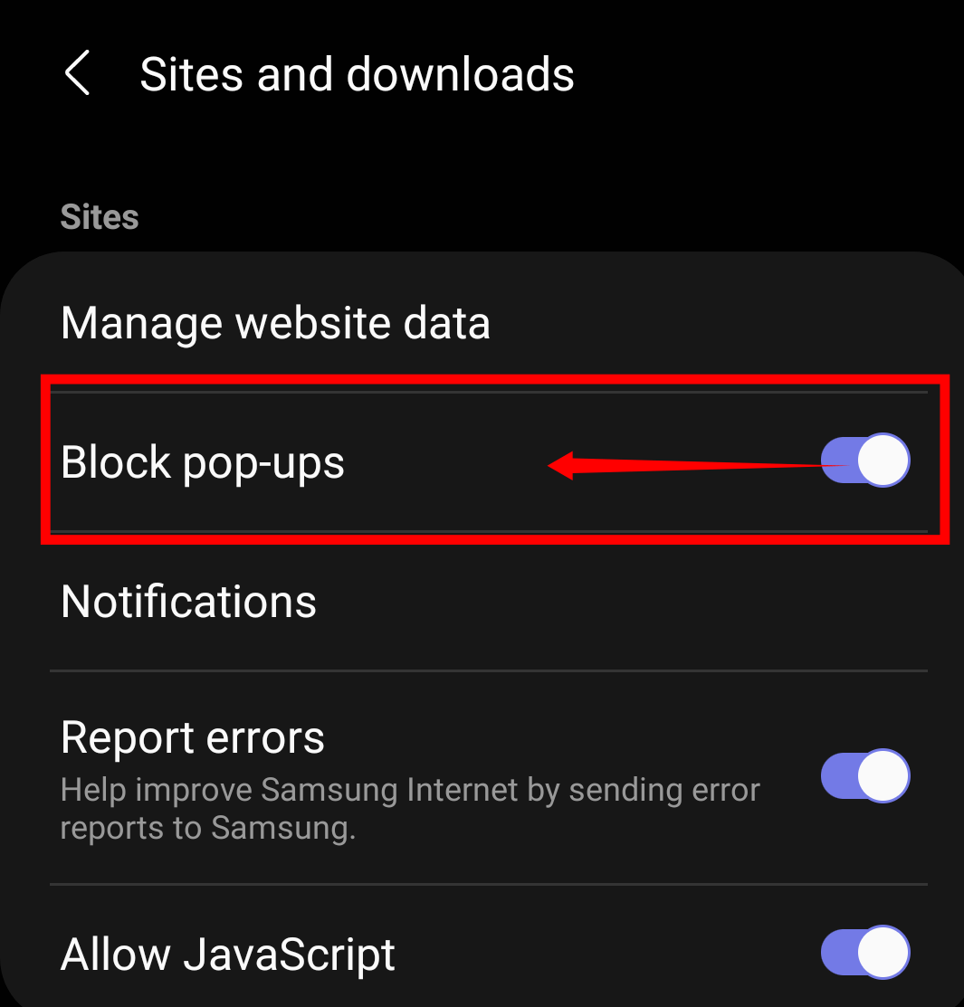 Enable Block Pop-ups on Samsung Internet