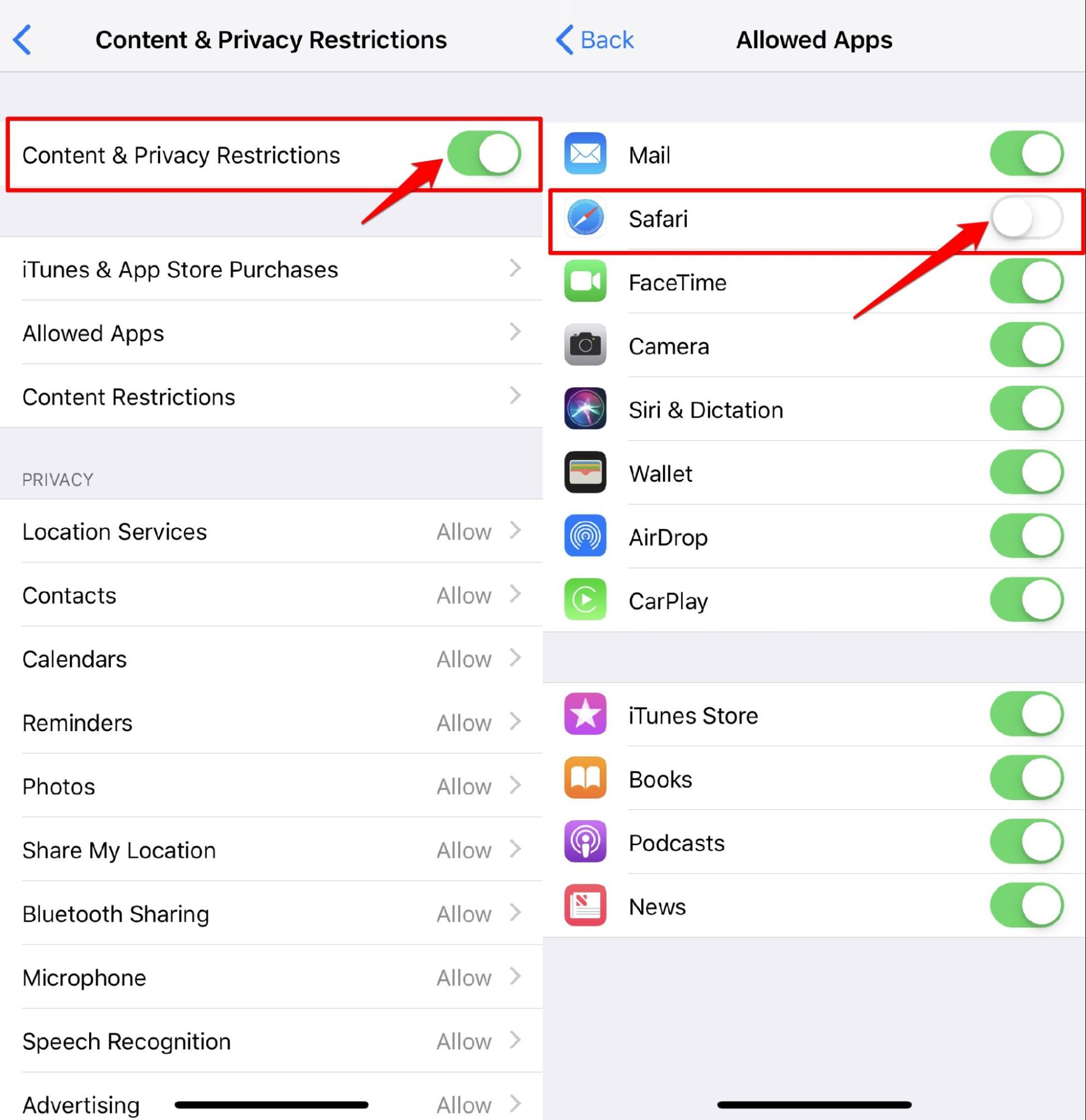 Enable Content and Privacy to Disable Safari from Allowed Apps