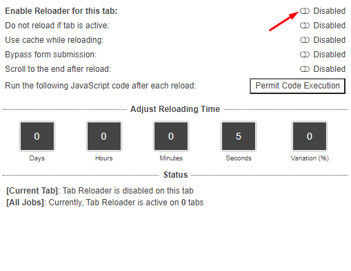 Enable for this tab on Reloader in Chrome
