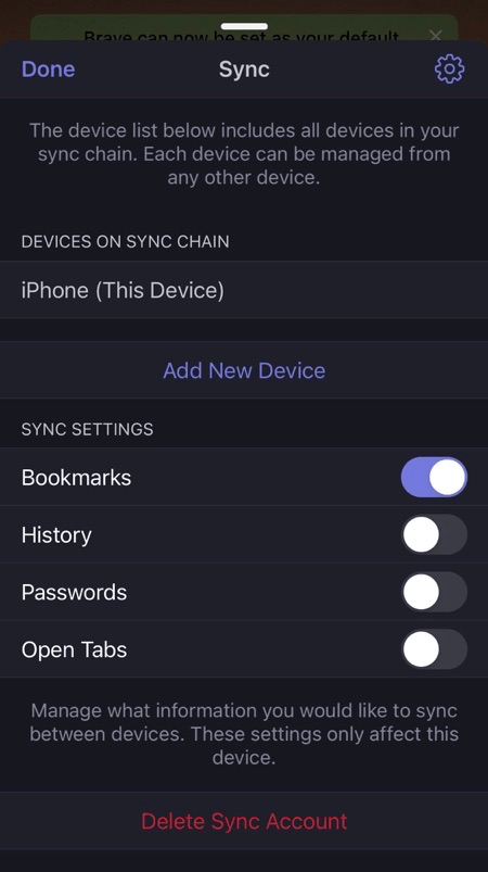 Enable Bookmarks Sync on Brave for iPhone