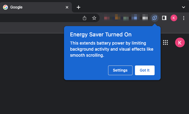 Energy Saver Turned On in Google Chrome browser