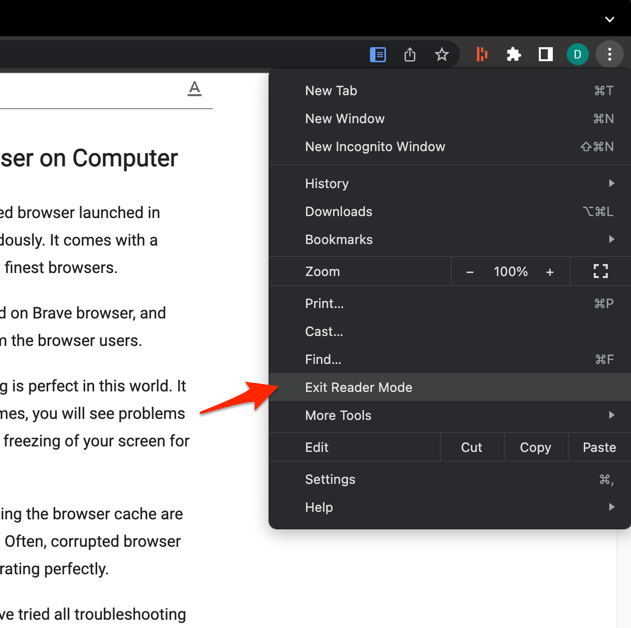 Exit Reader Mode in Chrome Browser