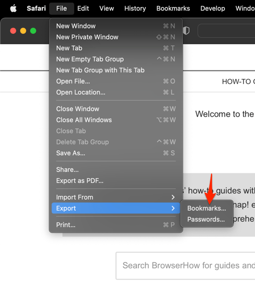 Export Bookmarks under File menu on Safari Mac
