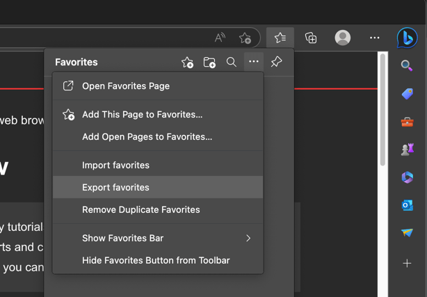 Export favorites option in Edge browser Favorites window