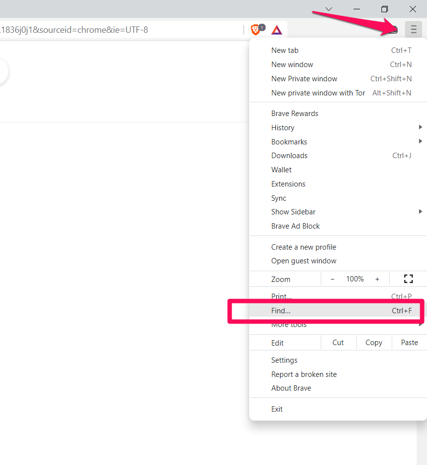 Find option in Brave computer menu