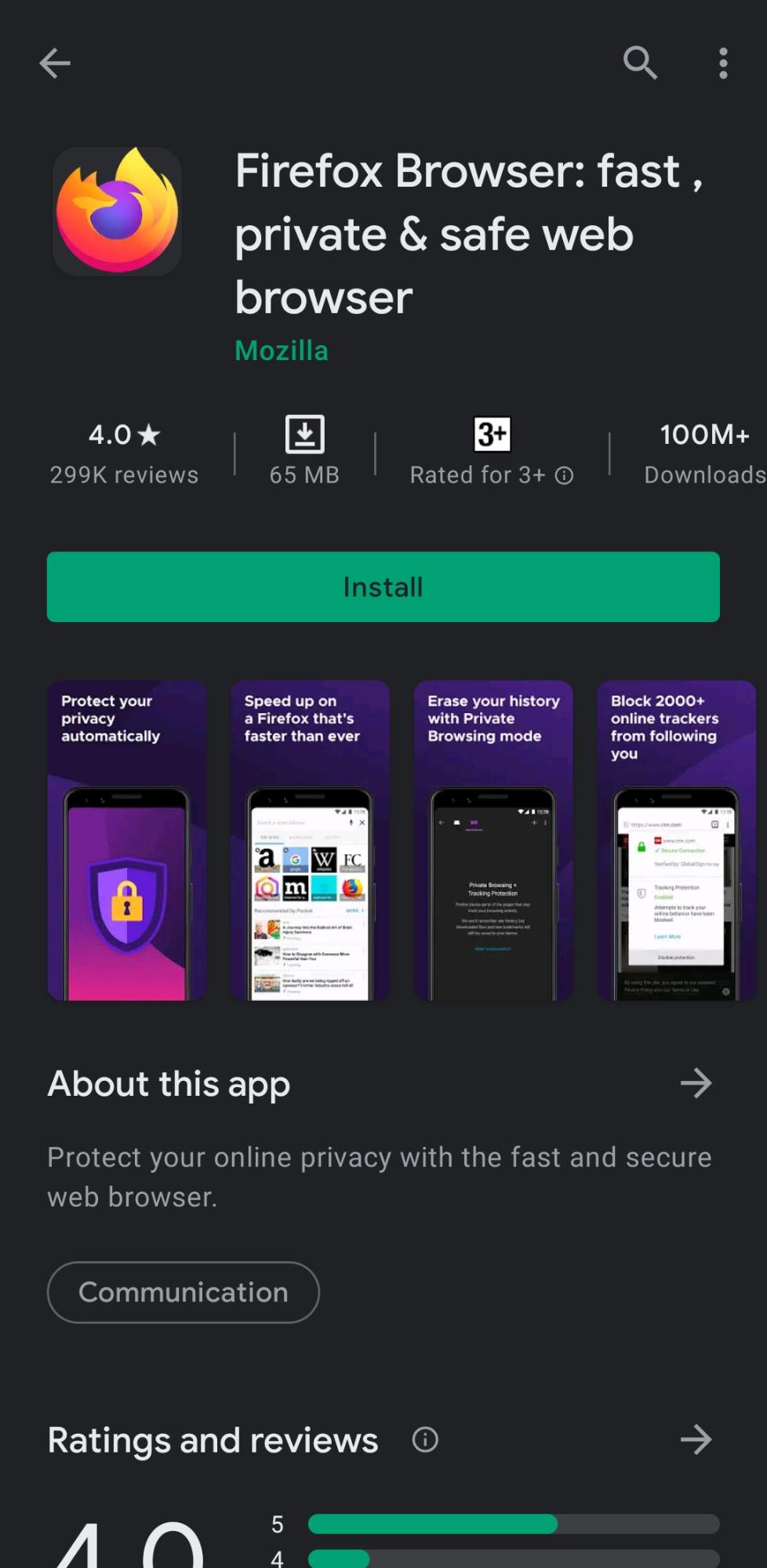 Firefox Browser for Android OS on PlayStore