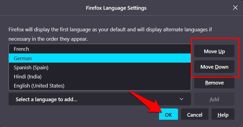 Firefox Language Settings Move Up Move Down and Ok button
