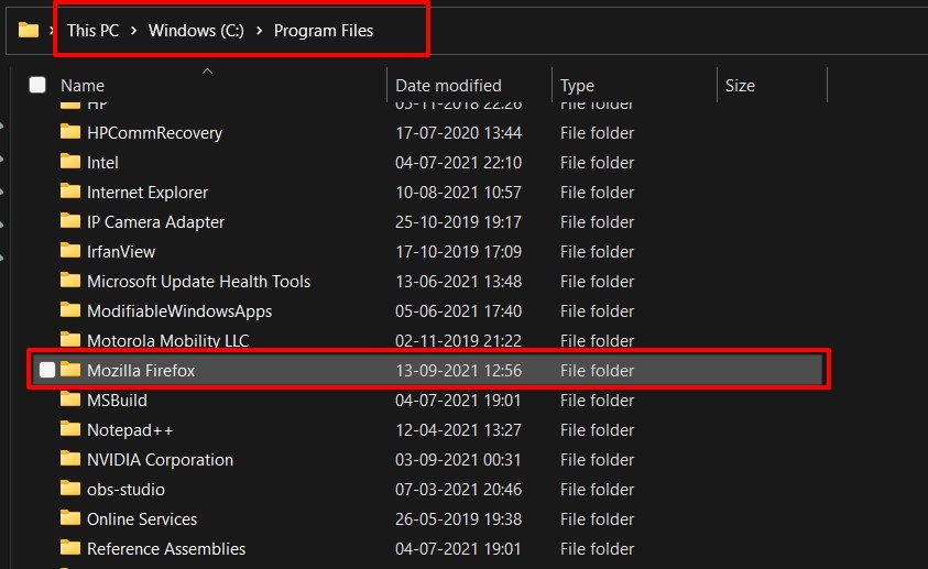 Firefox Program Files folders in Windows OS