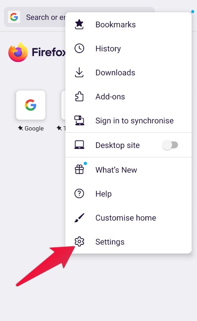 Firefox Settings menu in Android Phone