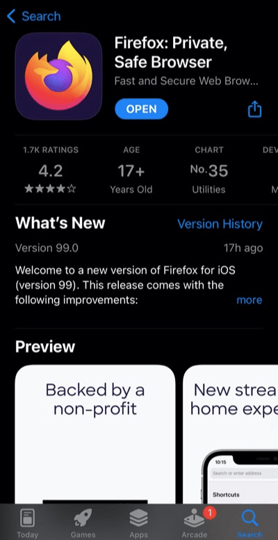 Firefox Browser App Store Page in iPhone
