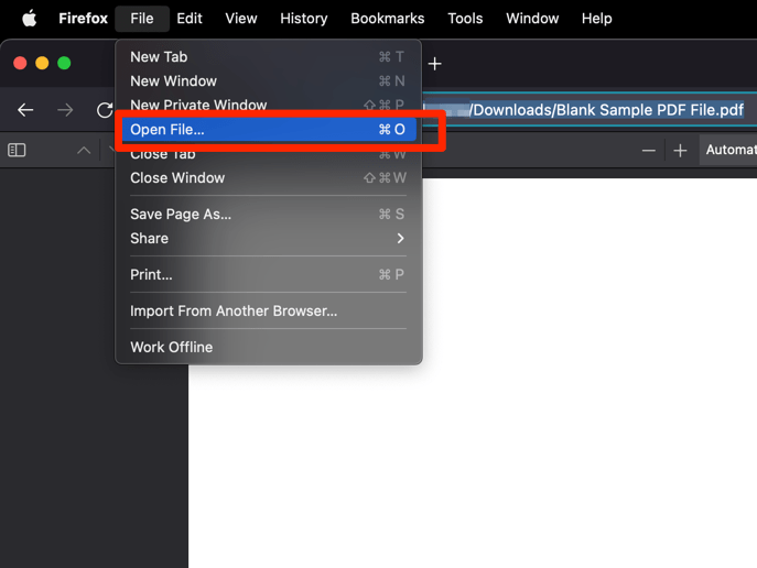 Firefox File menu in menubar with Open File option
