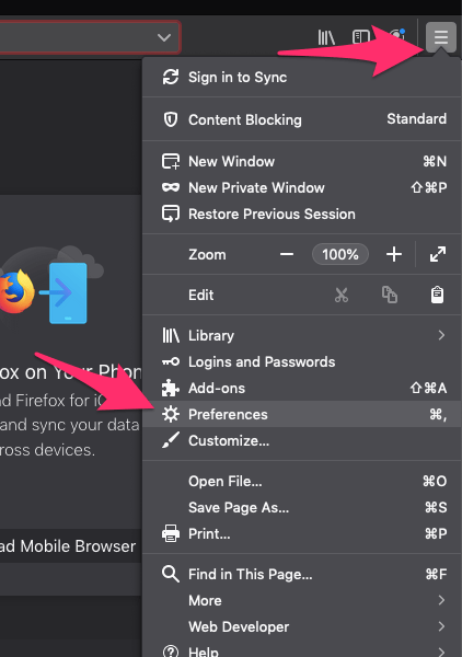 Firefox Preferences Options setting