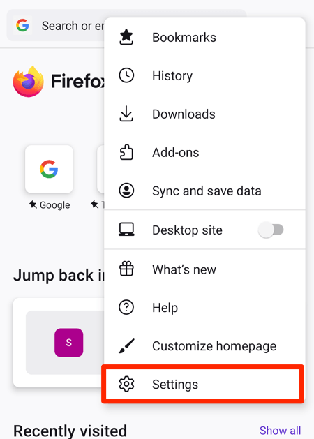 Firefox Settings menu under More options