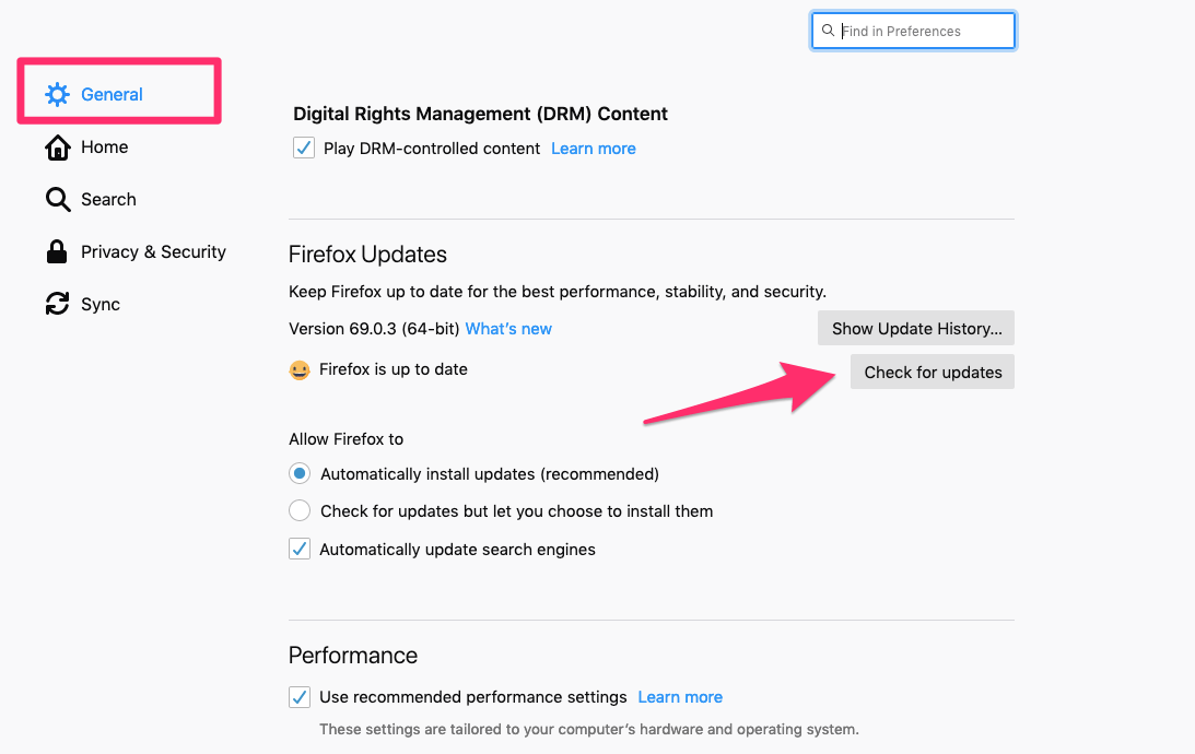 Firefox Updates section in General Preferences