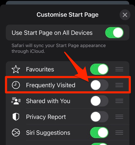 Frequently Visited Toggle button on Customize Start Page Safari iPhone