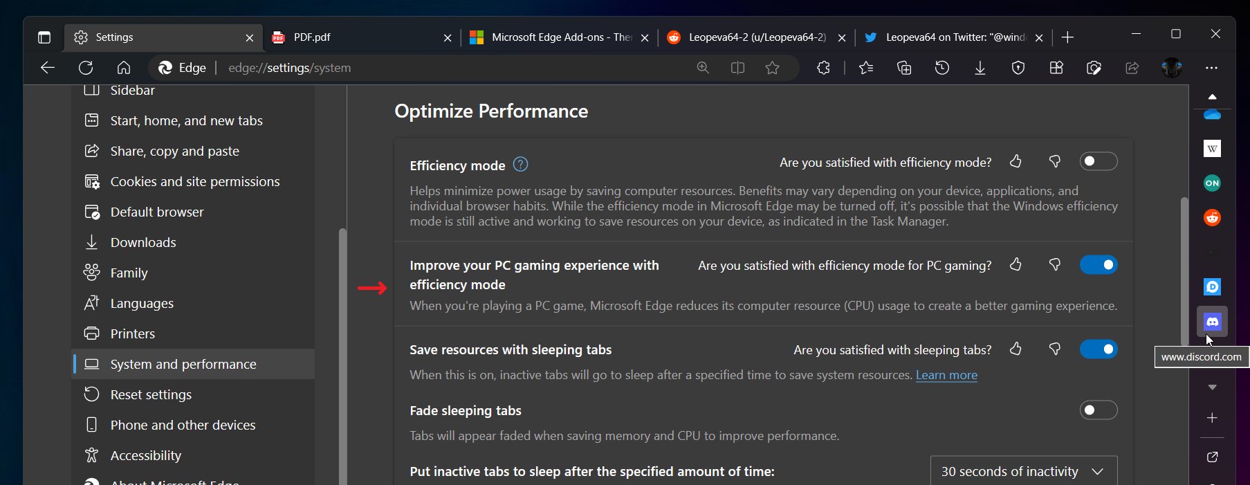 Gaming Efficiency Mode on Edge for Windows PC