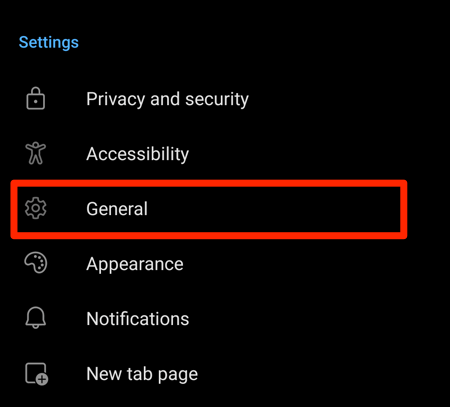 General Settings in Microsoft Edge Android browser
