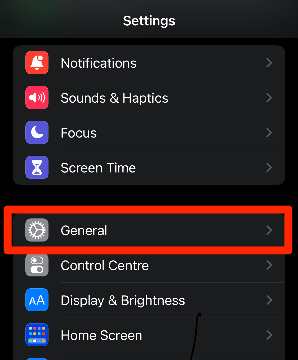 General Settings menu in iPhone Settings app