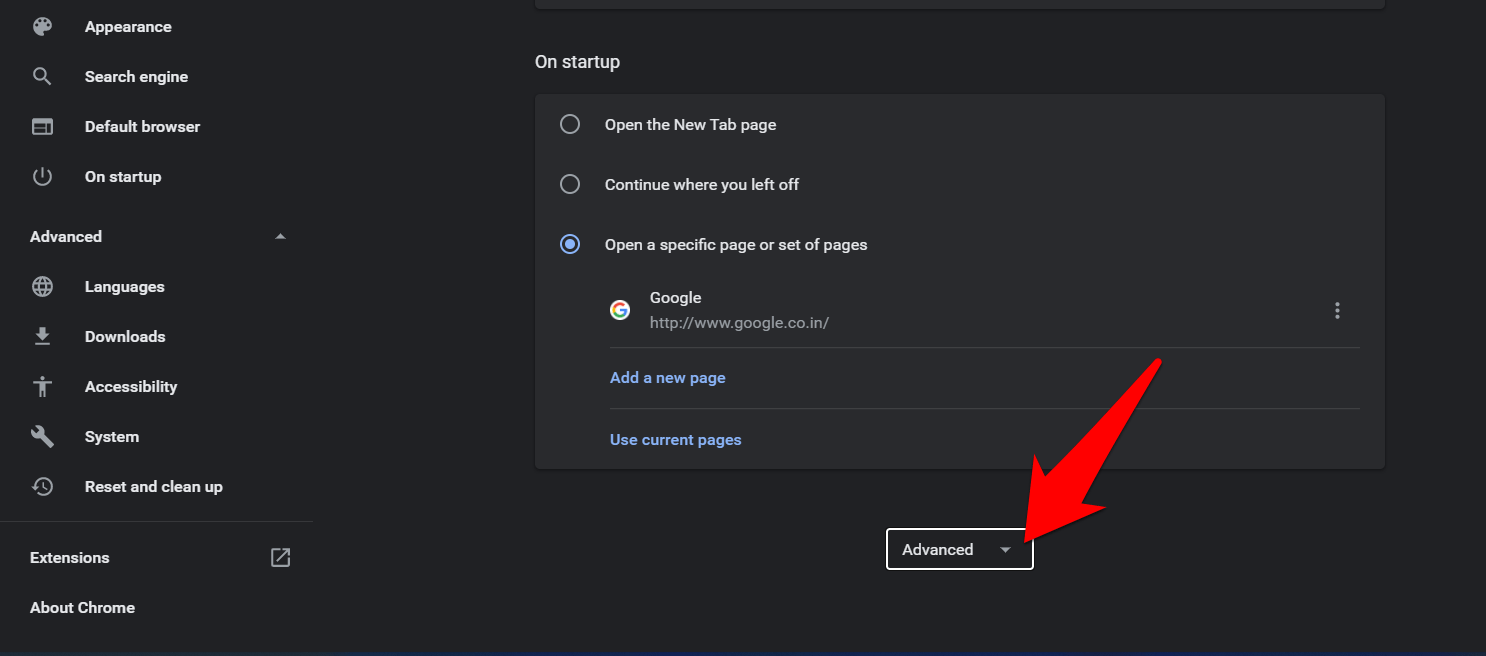 Google Chrome Advanced settings menu