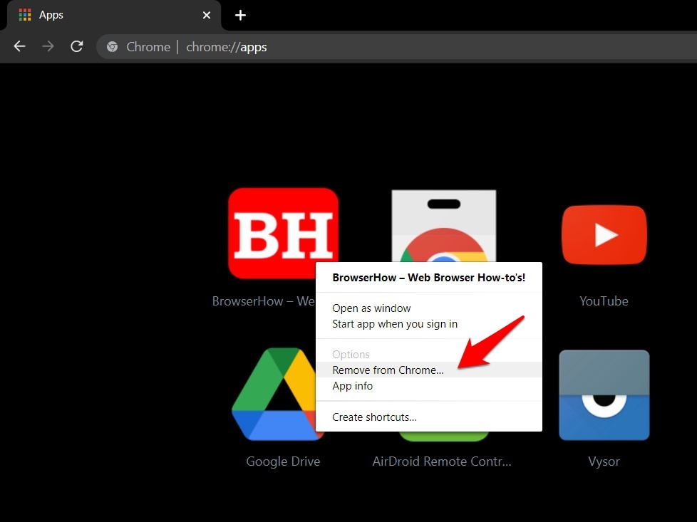 Google Chrome Apps Remove from Chrome option