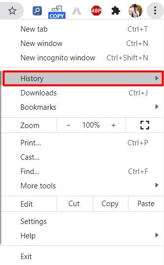 Google Chrome History Menu option