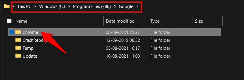 Папка программных файлов Google Chrome в ОС Windows