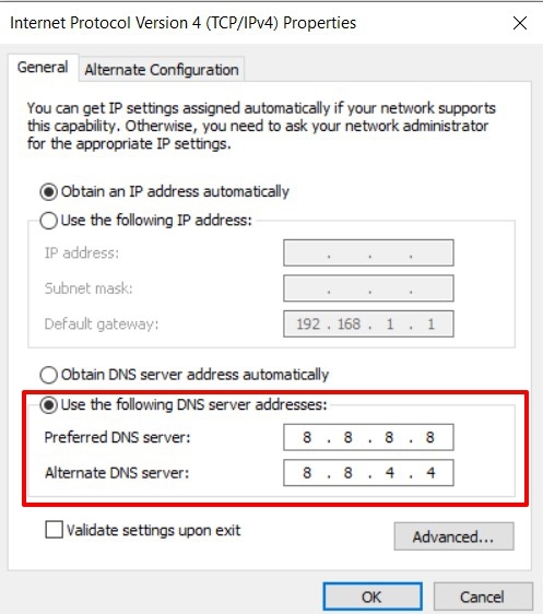 Google DNS Server IP Address in Windows Internet Options setup