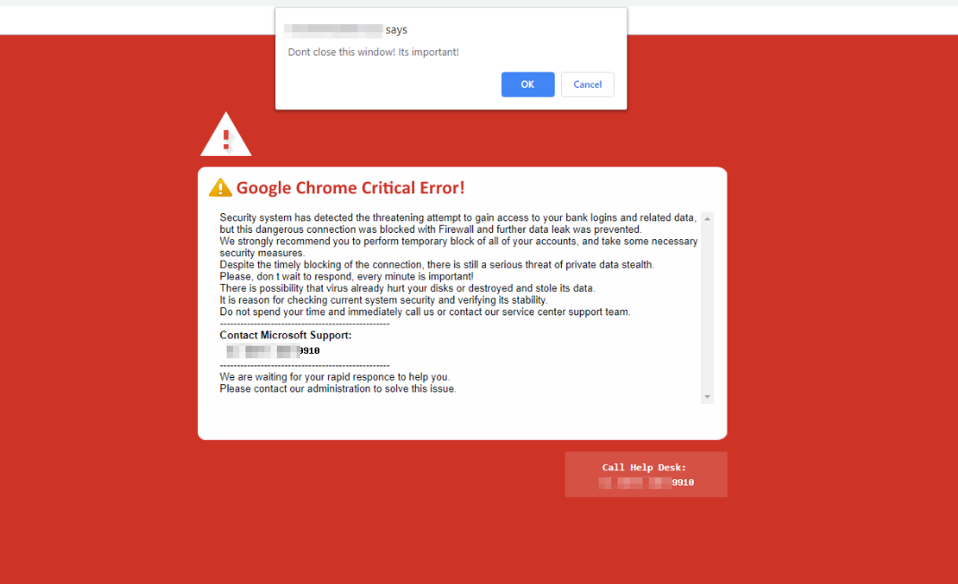 Мошенническое сообщение о критической ошибке Google Chrome