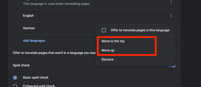 Cài đặt ngôn ngữ của Google Chrome Di chuyển lên trên cùng hoặc chuyển lên tùy chọn
