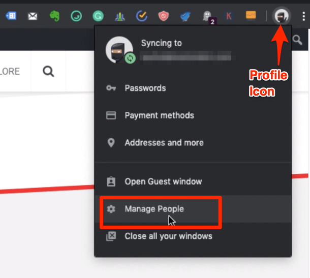 Google Chrome Profile Icon ad Manage People Option