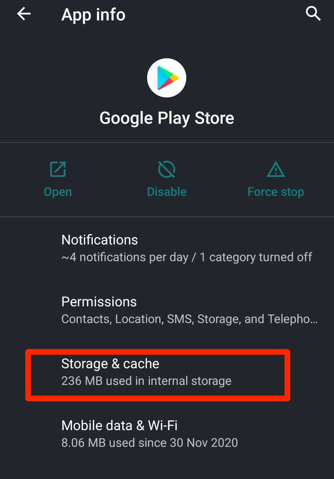Google Play Store App Info Page with Storage menu